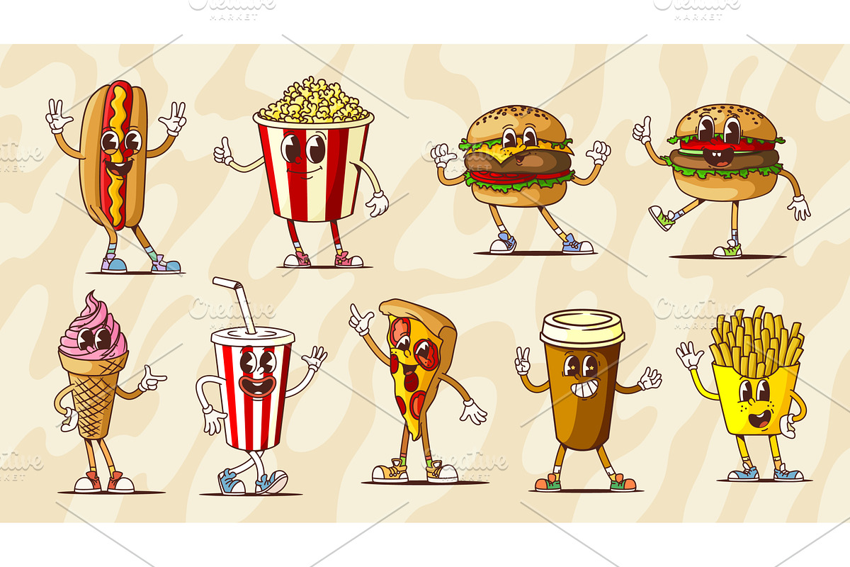 Retro groovy fast food, a Food Illustration by Vector Tradition