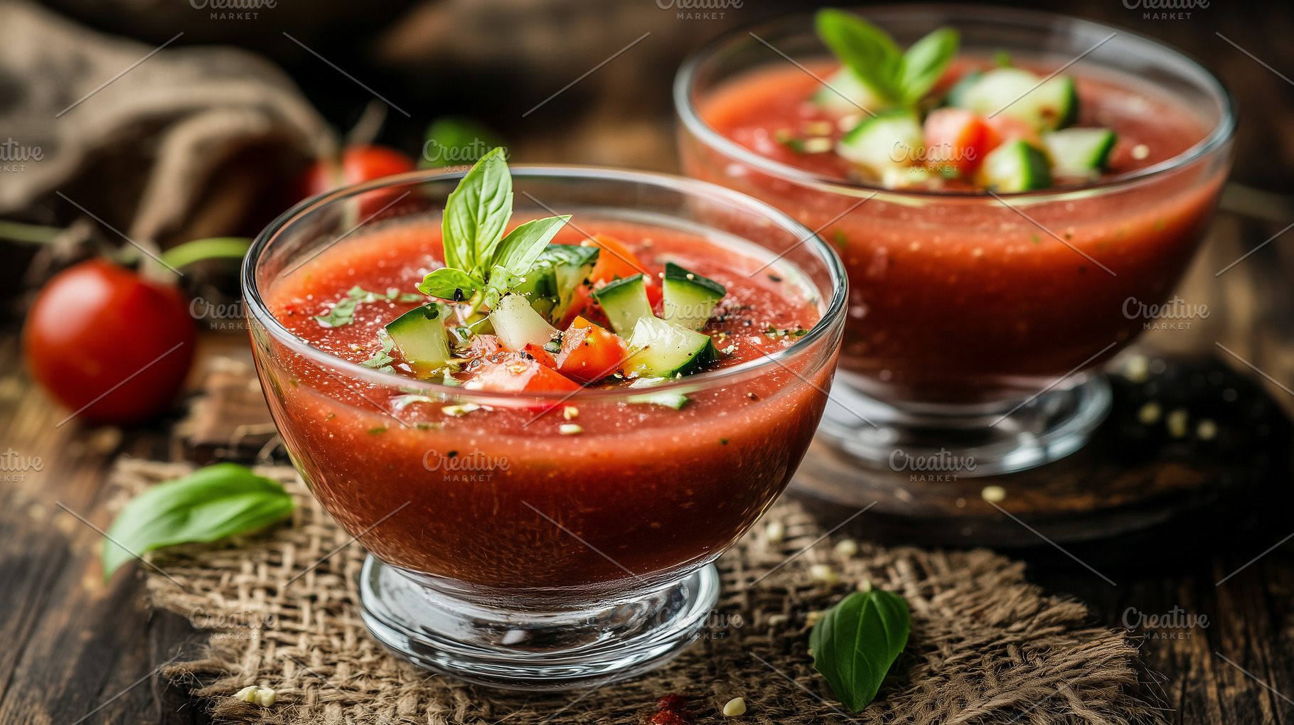 Homemade cold gazpacho soup in glass, a Food & Drink Photo by MistyDay