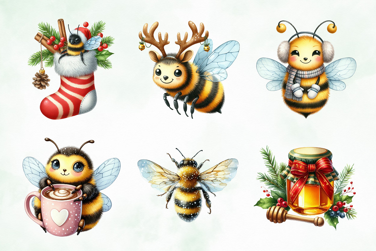 Cute Cartoon Christmas Bees Clipart, an Illustration by Creative Art (Photo 8 of 9)