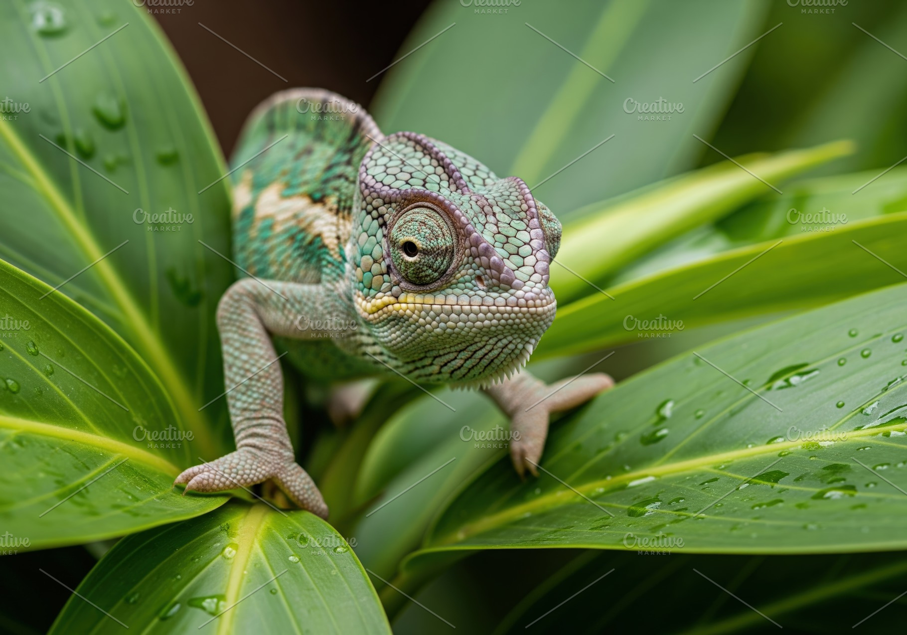 Colorful Chameleon on a Green Leaf, an Animal Photo by Virgo Studio