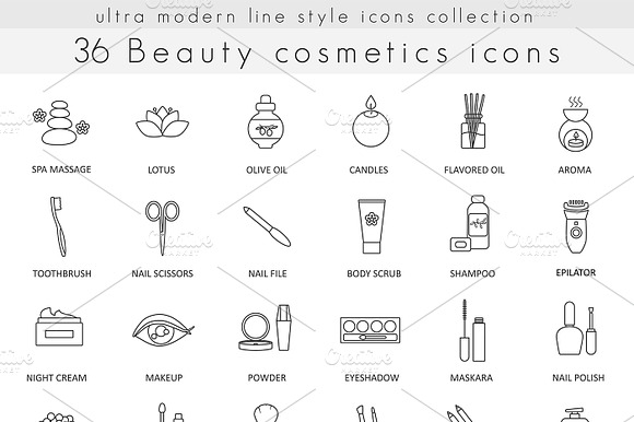36 Beauty Cosmetics Line Icons Set.