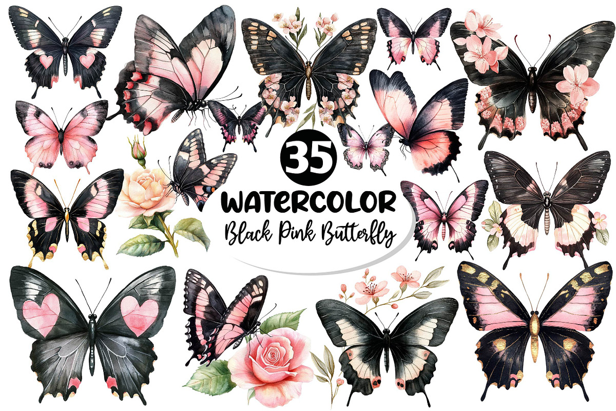 Black and Pink Butterfly Clipart, an Illustration by Dream Creation (Photo 1 of 6)