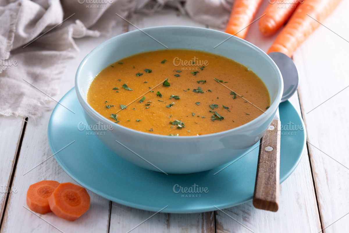 Creamy carrot soup in blue bowl, a Food & Drink Photo by etorres69 (Photo 1 of 2)