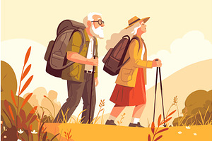 Cartoon elderly couple hiking in the, a Sport Illustration by LadadikArt