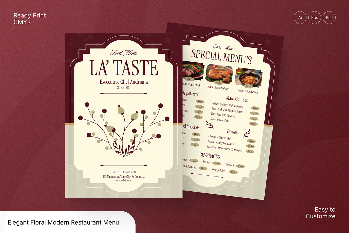 Elegant Floral Restaurant Menu, a Flyer Template by Annora Studio (Photo 1 of 6)