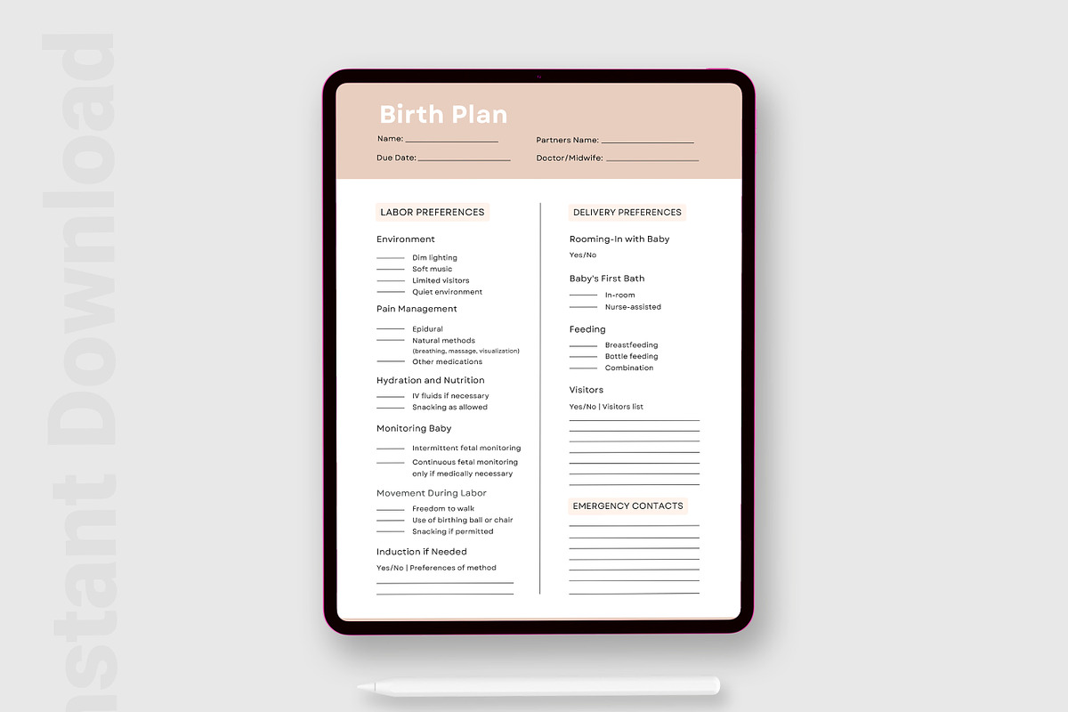 Printable Birth Plan Template, Labor, a Print Template by BrushstrokeArtGB (Photo 4 of 5)