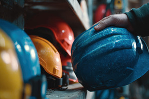 Choosing a hard hat in a workshop, a Photo by Beautiful things