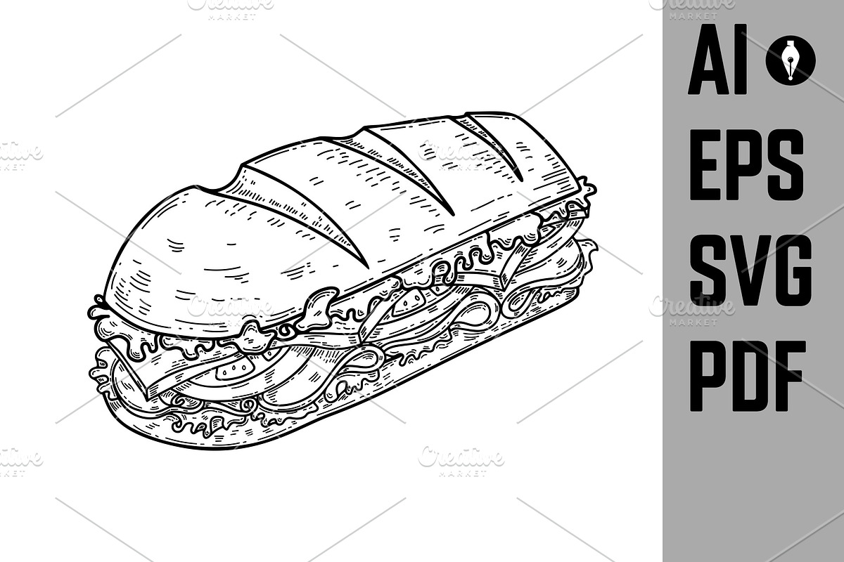 Illustration of submarine sandwich, a Food Illustration by Vectorhight
