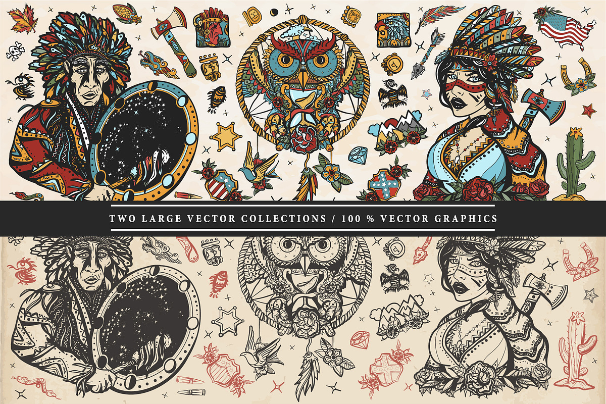 Native Americans old school tattoo, a Background Graphic by intueri (Photo 2 of 8)