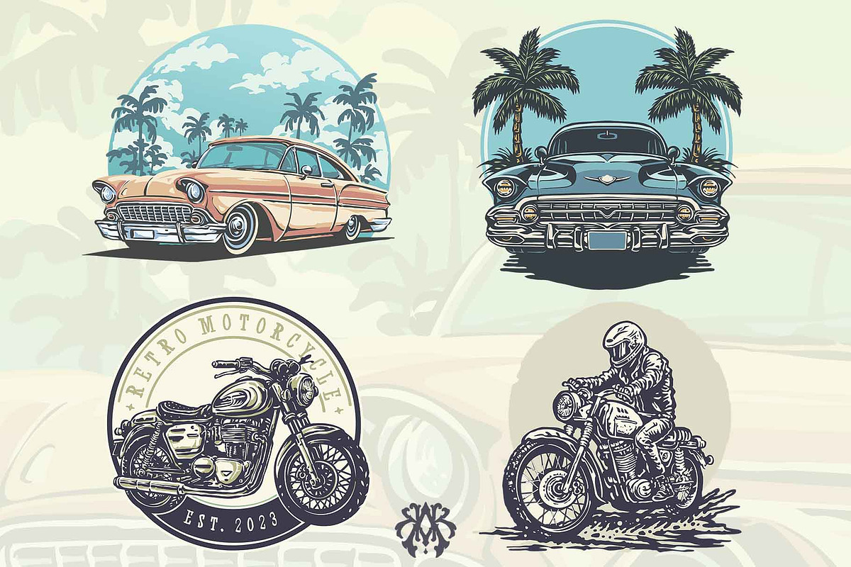 Retro Classic Car & Motorcycle, a Seasonal Illustration by Krizvector Artwork Shop (Photo 1 of 4)