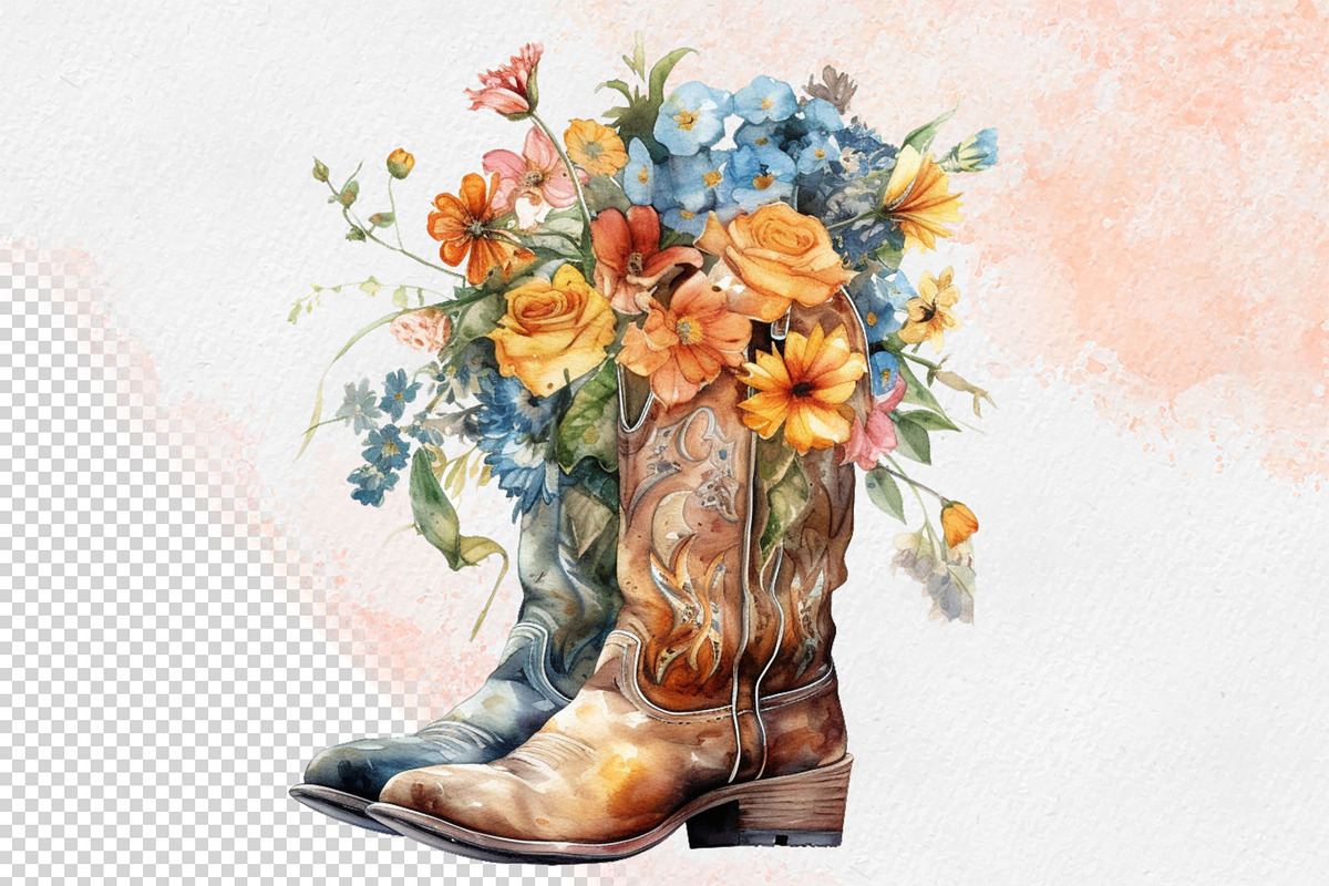 Western Flowers Boots Watercolor PNG, an Object Illustration by iloveTemplate (Photo 4 of 14)