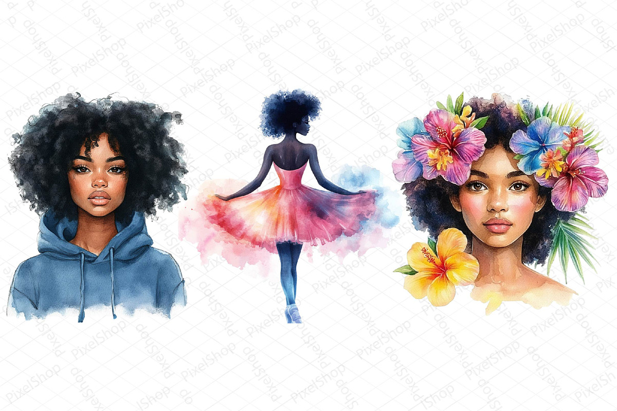 Watercolor Black Afro Girl Clipart, an Illustration by DreamPrint404 (Photo 3 of 7)