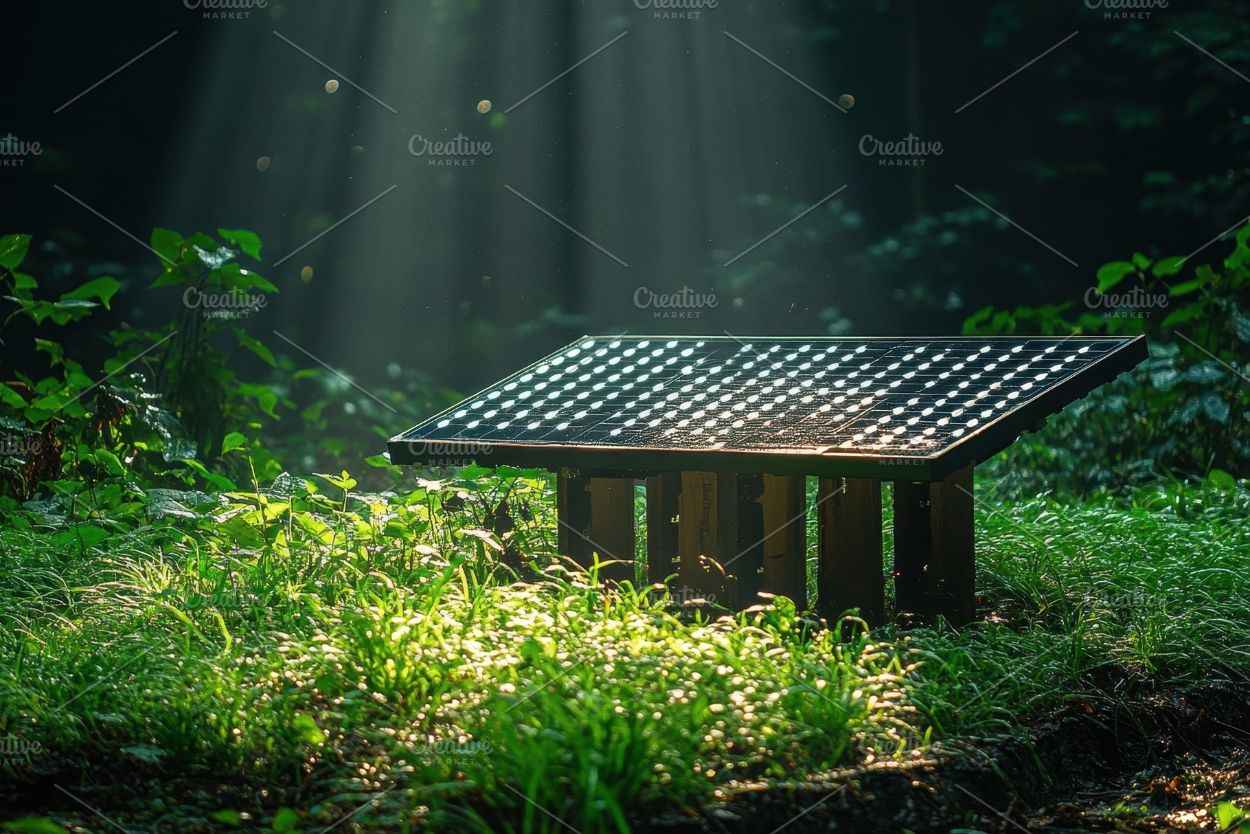 Solar panel installed in serene fore, a Photo by Tanuart