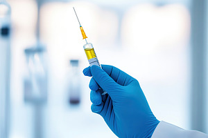 Doctor's hand in medicine glove holding syringe with injection, a Health & Medical Photo by AlyaAnd