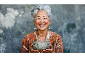 A joyful Asian senior woman holding, a Person Photo by Sergey Kotenev