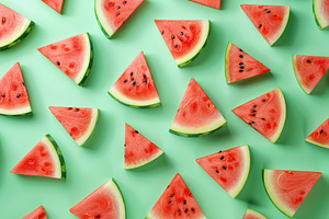 Pattern of fresh watermelon slices on green background, a Food & Drink Photo by AlyaAnd