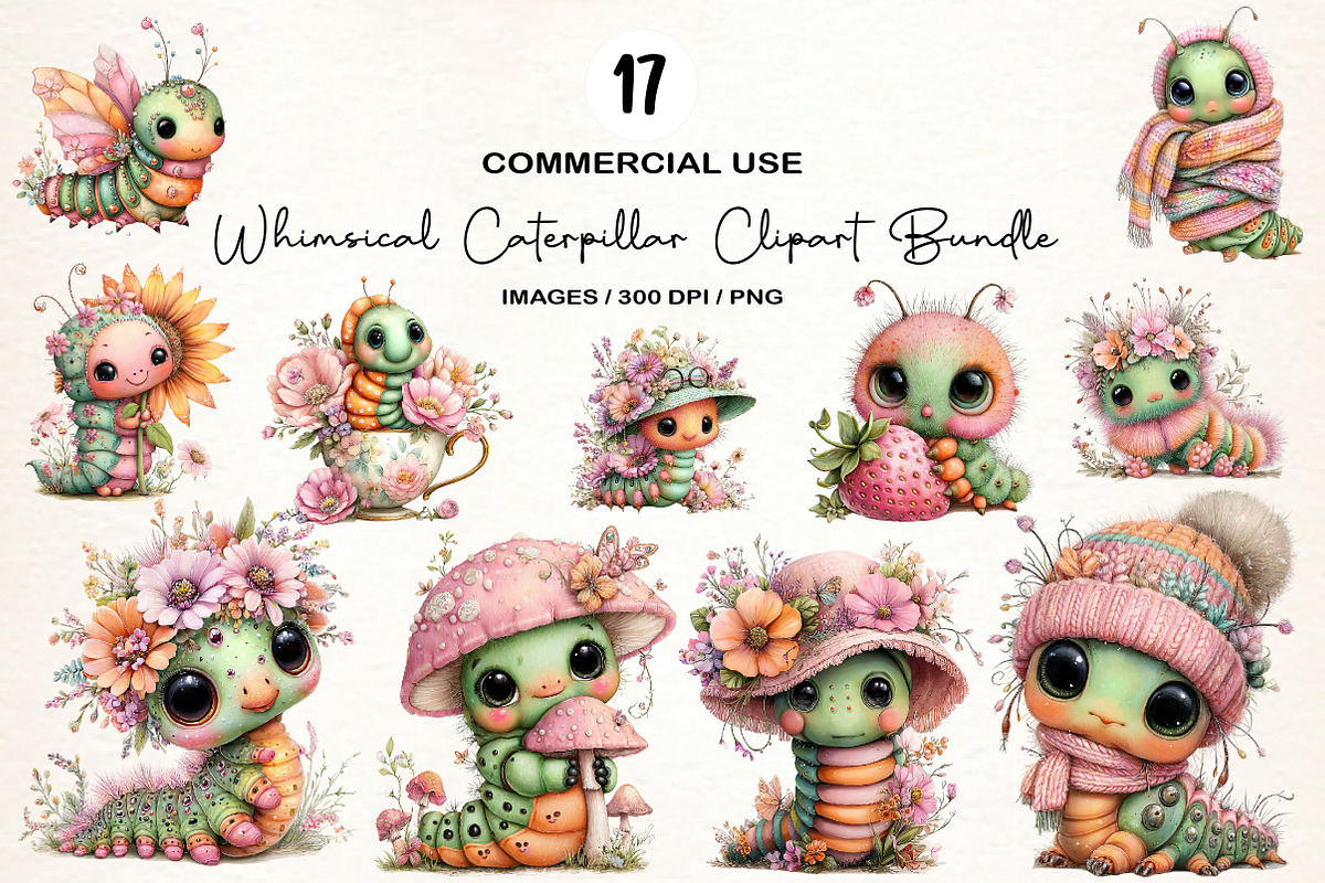 Whimsical Caterpillar Clipart Bundle, an Illustration by Designworld (Photo 1 of 5)