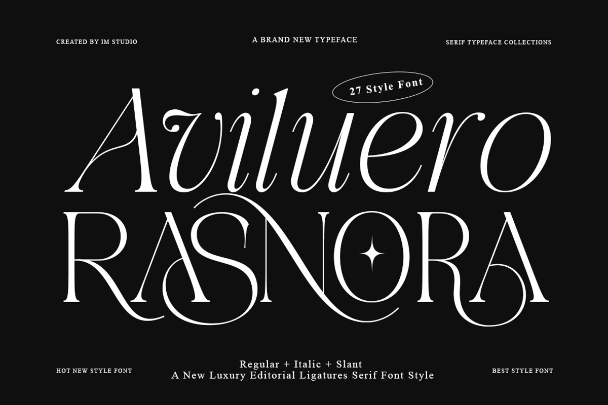 Aviluero Rasnora | 27 Font Files, a Serif Font by IM Studio (Photo 1 of 13)