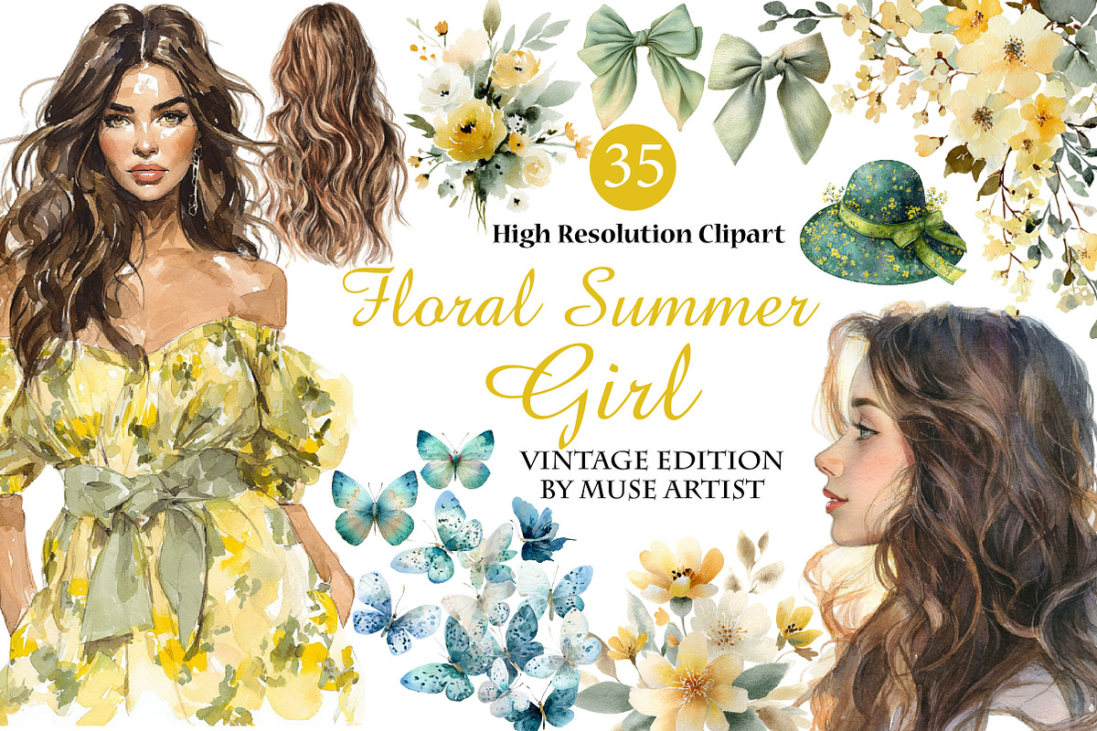 Watercolor Floral Summer Girl, an Illustration by DreamArtGraphic (Photo 1 of 4)