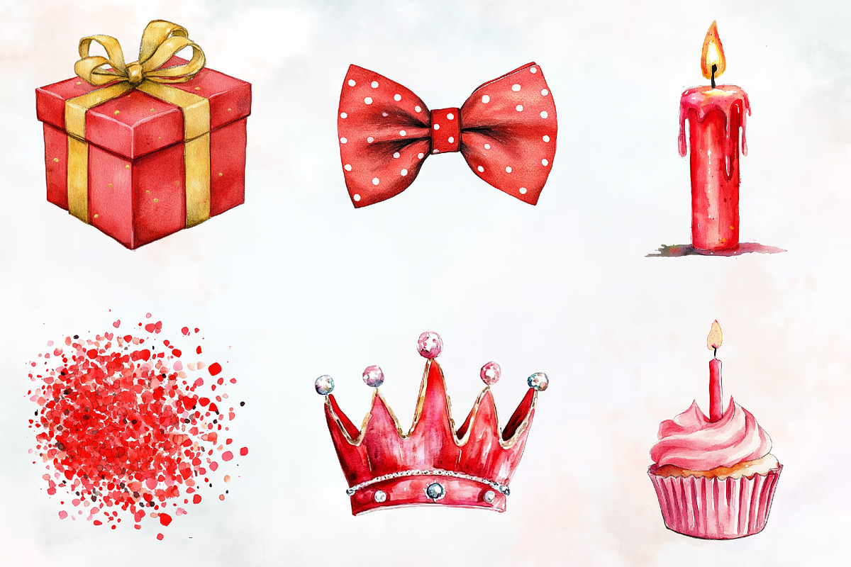 Red Birthday Watercolor Cliparts, an Illustration by RobertsArt (Photo 2 of 7)