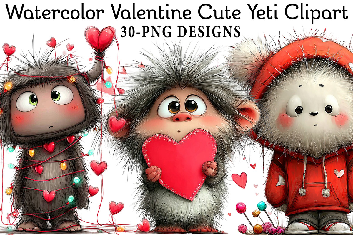 Watercolor Valentine Cute Yeti Clipa, an Illustration by Daily.Designs (Photo 1 of 7)