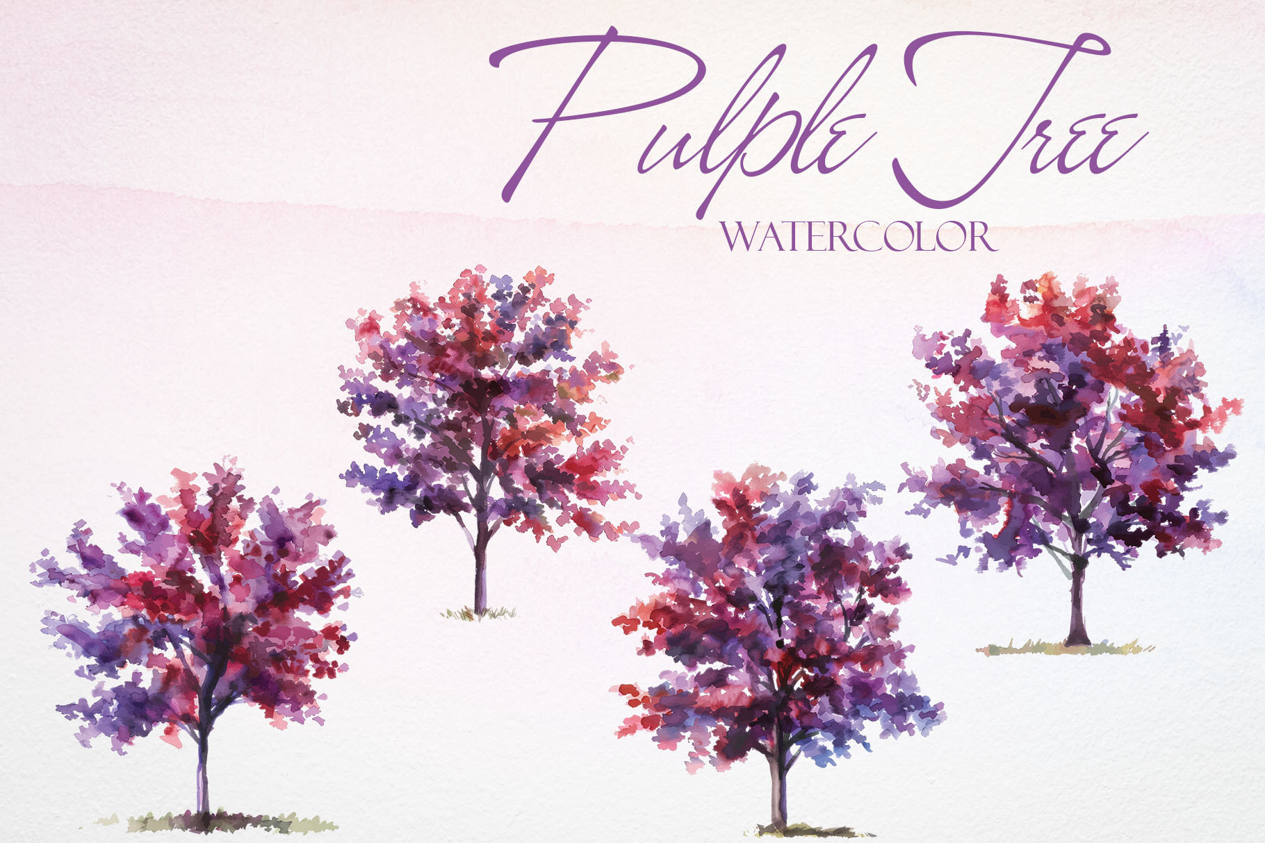 Watercolor Purple Tree Vector Set, a Pattern Graphic by Deckar_art