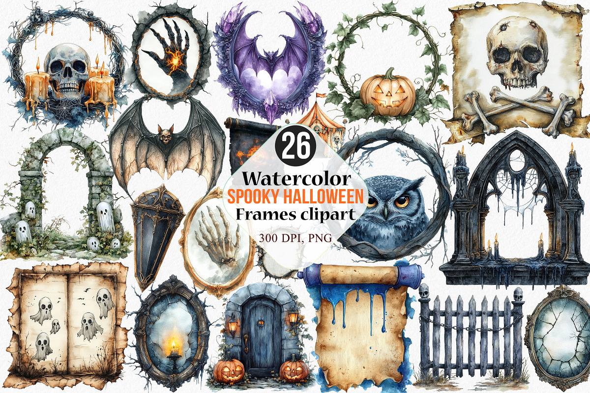 Watercolor Spooky Halloween Frames, an Illustration by Canvas Craft (Photo 1 of 8)