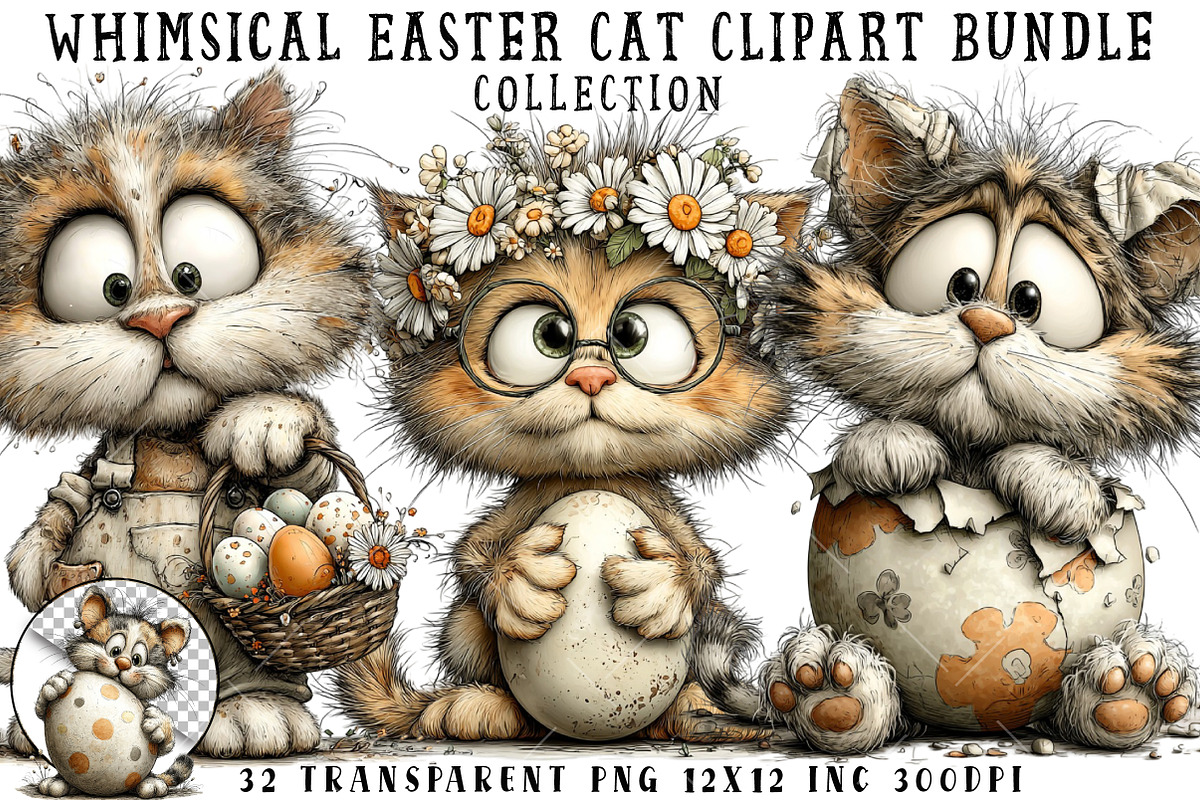 Whimsical Easter Cat Clipart Bundle, an Illustration by OK Design (Photo 1 of 6)