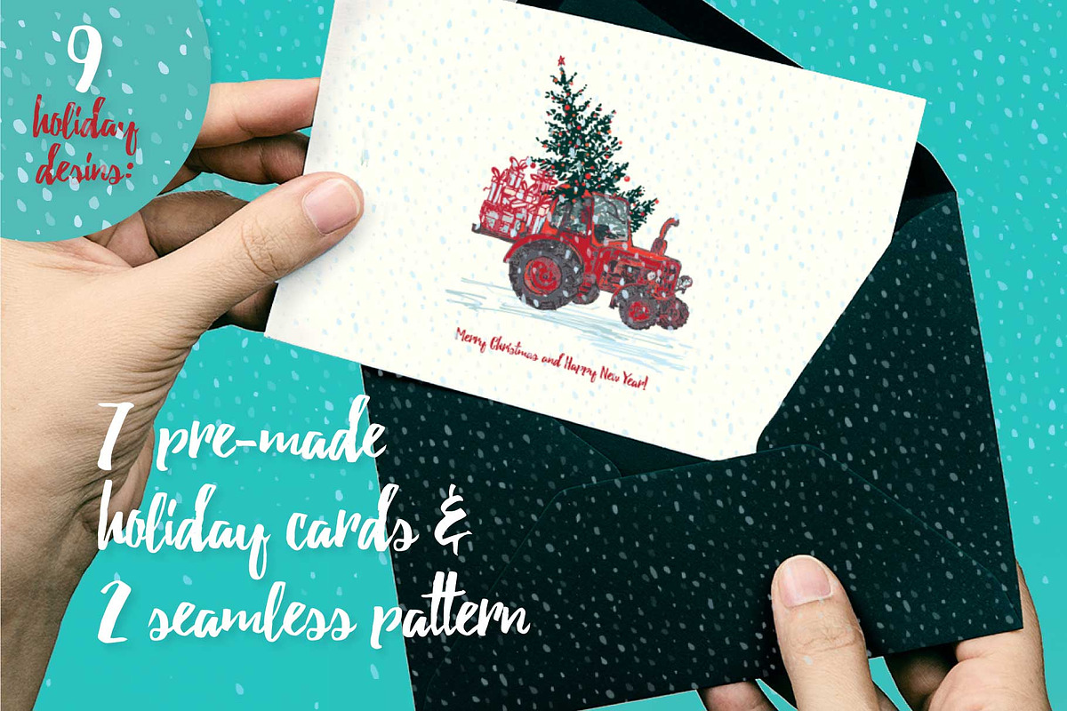 Set of Hand drawn Christmas tractors, a Decorative Illustration by Zimages (Photo 5 of 7)