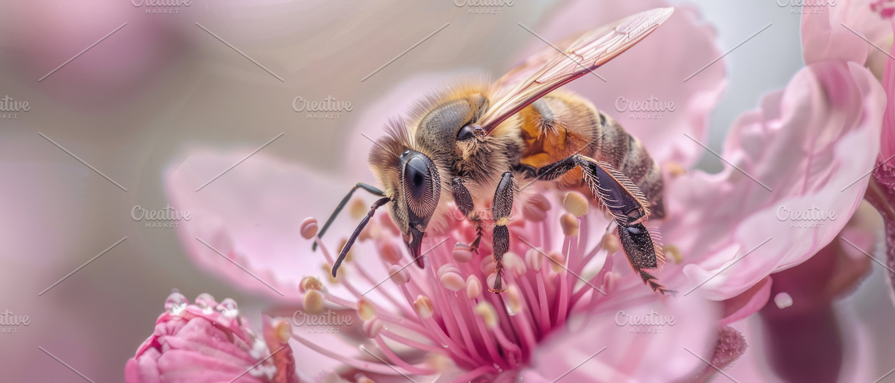 A close-up of a bee on vividly color, a Photo by LOGOCREATIVE