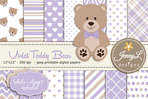 Violet Teddy Bear Digital Paper, a Pattern Graphic by JennyL Designs