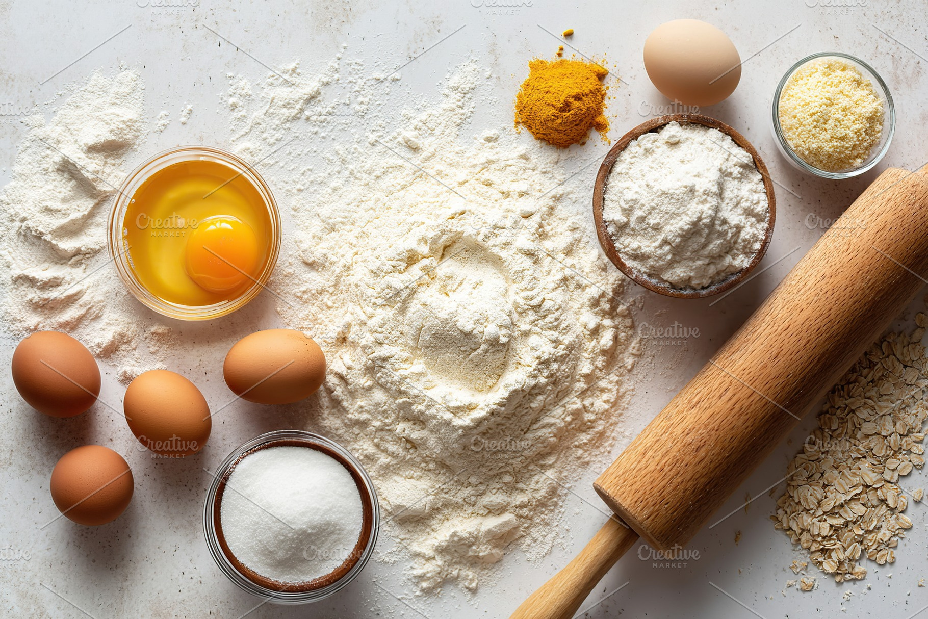 Baking ingredients arranged on a rustic countertop for cooking preparation, a Food & Drink Photo by AlyaAnd