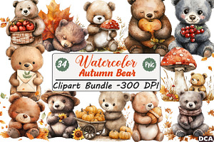 Watercolor Autumn Bear Clipart, an Illustration by DreamCafeArt