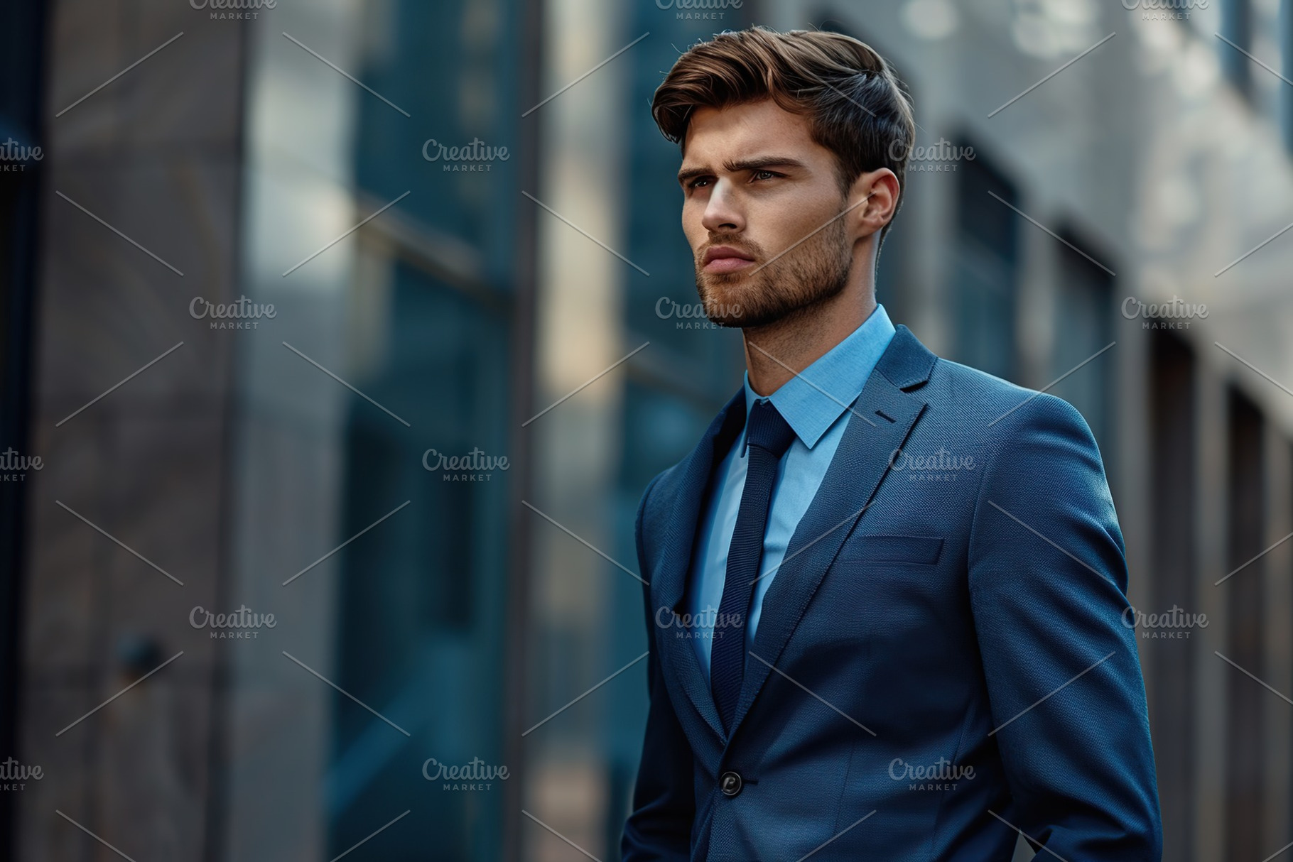 Confident businessman walking near business office, a Photo by AlyaAnd
