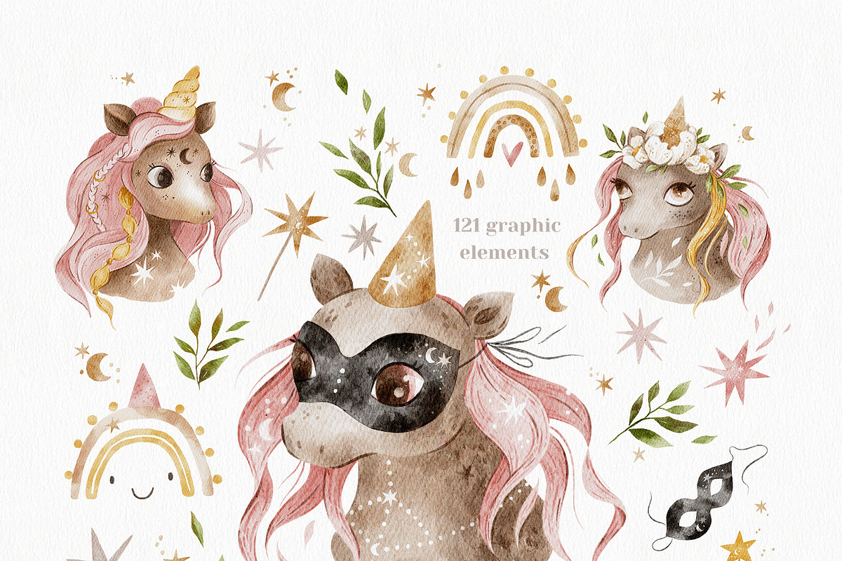 Unicorn watercolor clipart & pattern, an Animal Illustration by tatiletters (Photo 3 of 9)