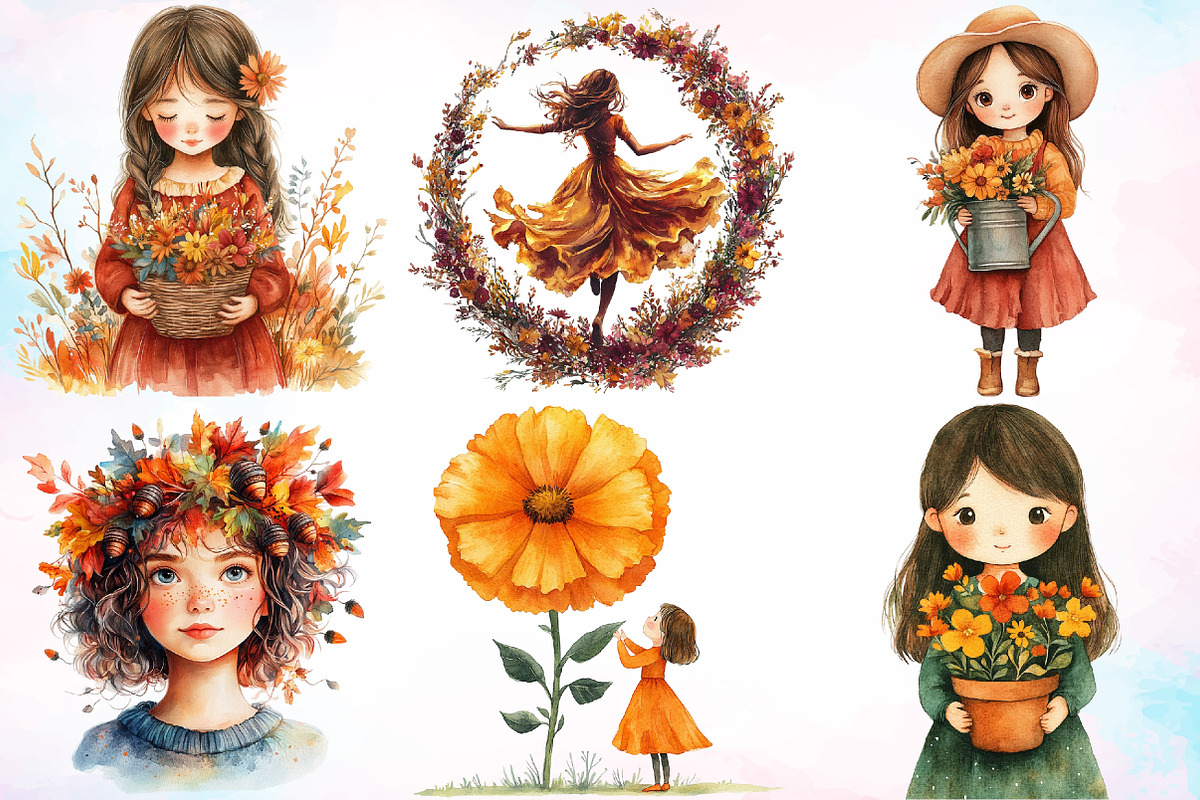 Girls with Fall Flowers Clipart PNG, a Seasonal Illustration by Canvas Craft (Photo 3 of 7)