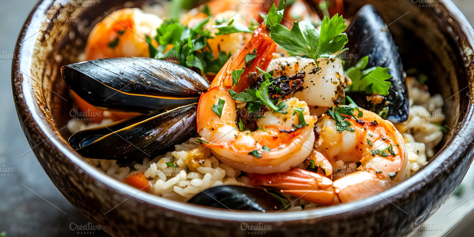Seafood risotto with shrimp mussels and parsley, a Food & Drink Photo by Photostock