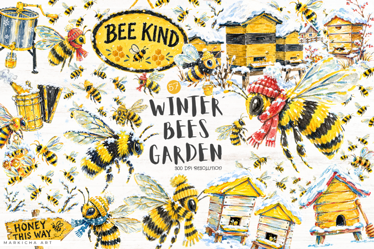 Winter Bees Garden Clipart, a Seasonal Illustration by Markicha Art (Photo 1 of 5)