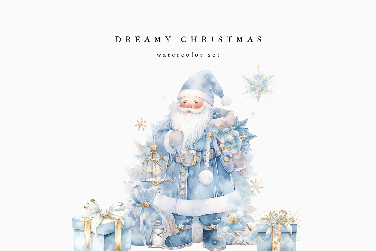 Christmas Blue Watercolor Dreamy Set, a Seasonal Illustration by studioequinox (Photo 10 of 10)