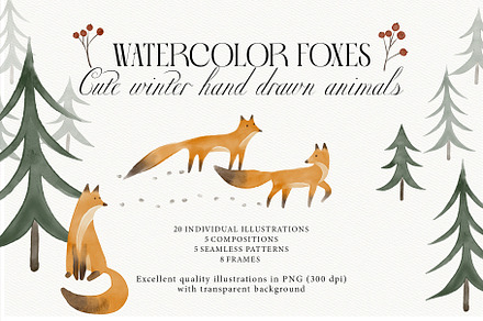 Watercolor cute winter foxes