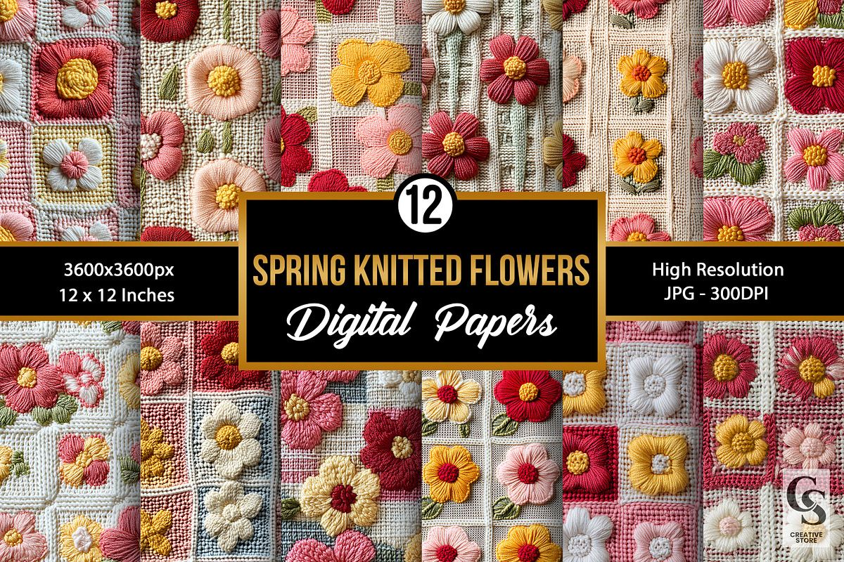 Spring Knitted Flowers Digital Paper, a Pattern Graphic by Creative Store (Photo 1 of 5)