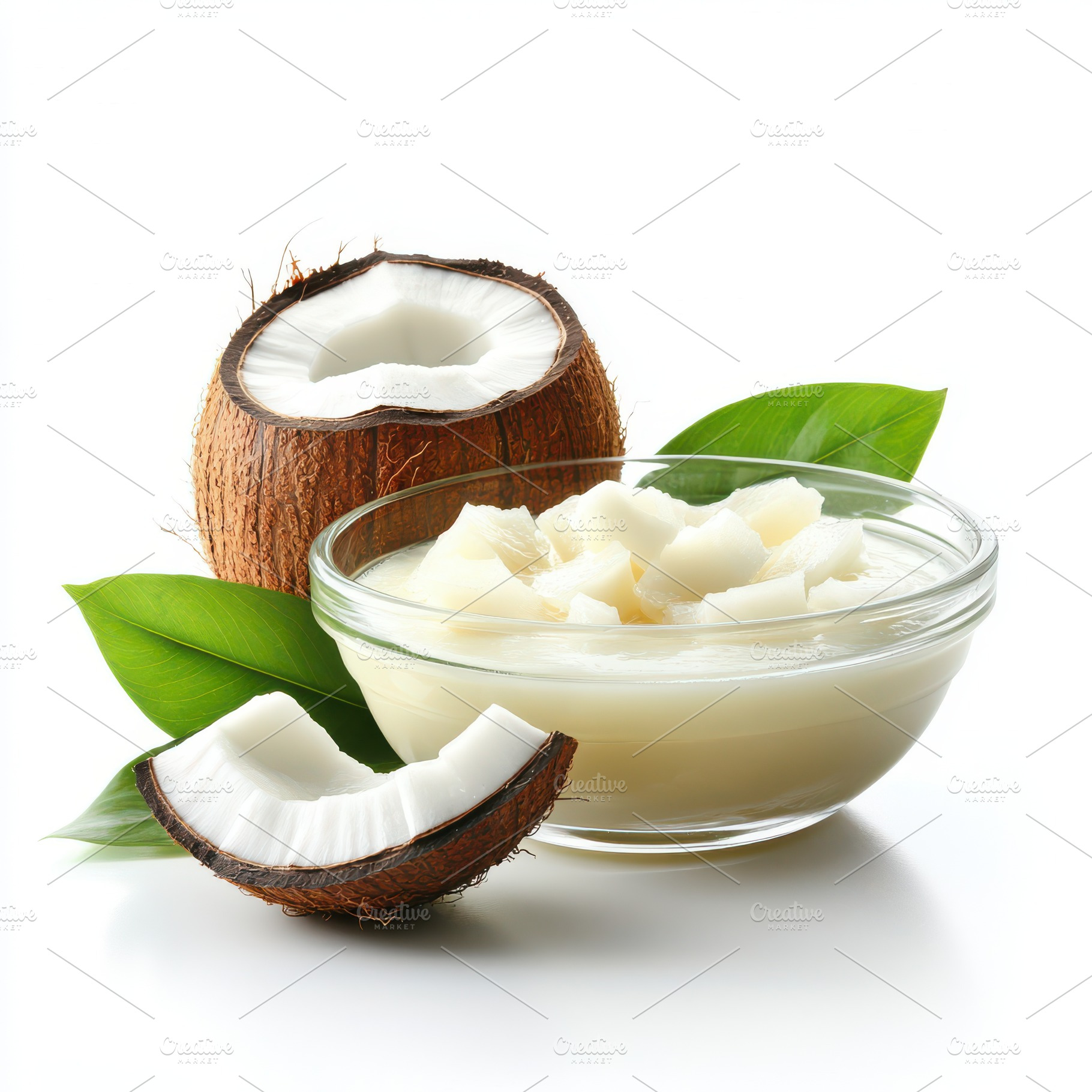 Fresh Coconut Pieces in a Glass Bowl, a Food & Drink Photo by Pixeness Studio
