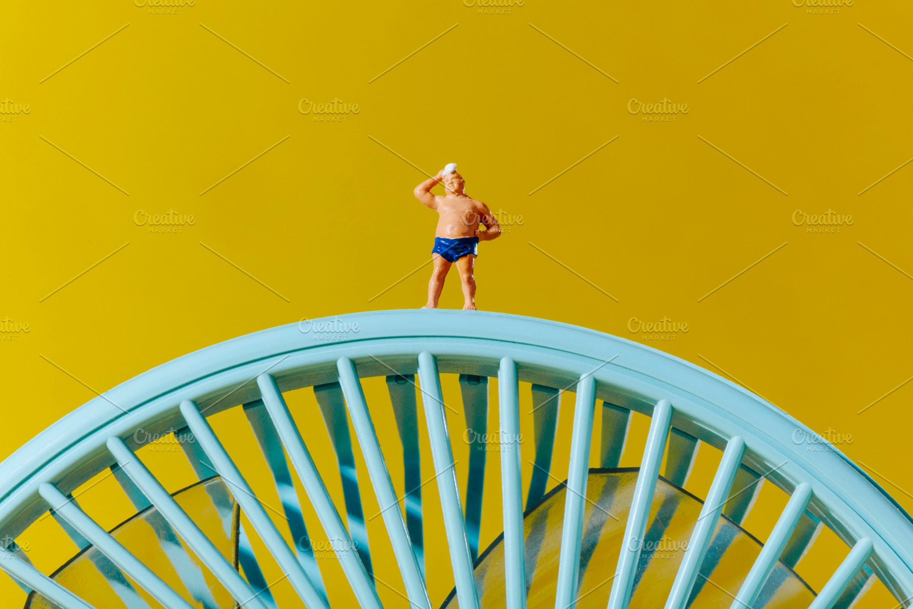 miniature sunbather standing on a blue fan, a Photo by Nito