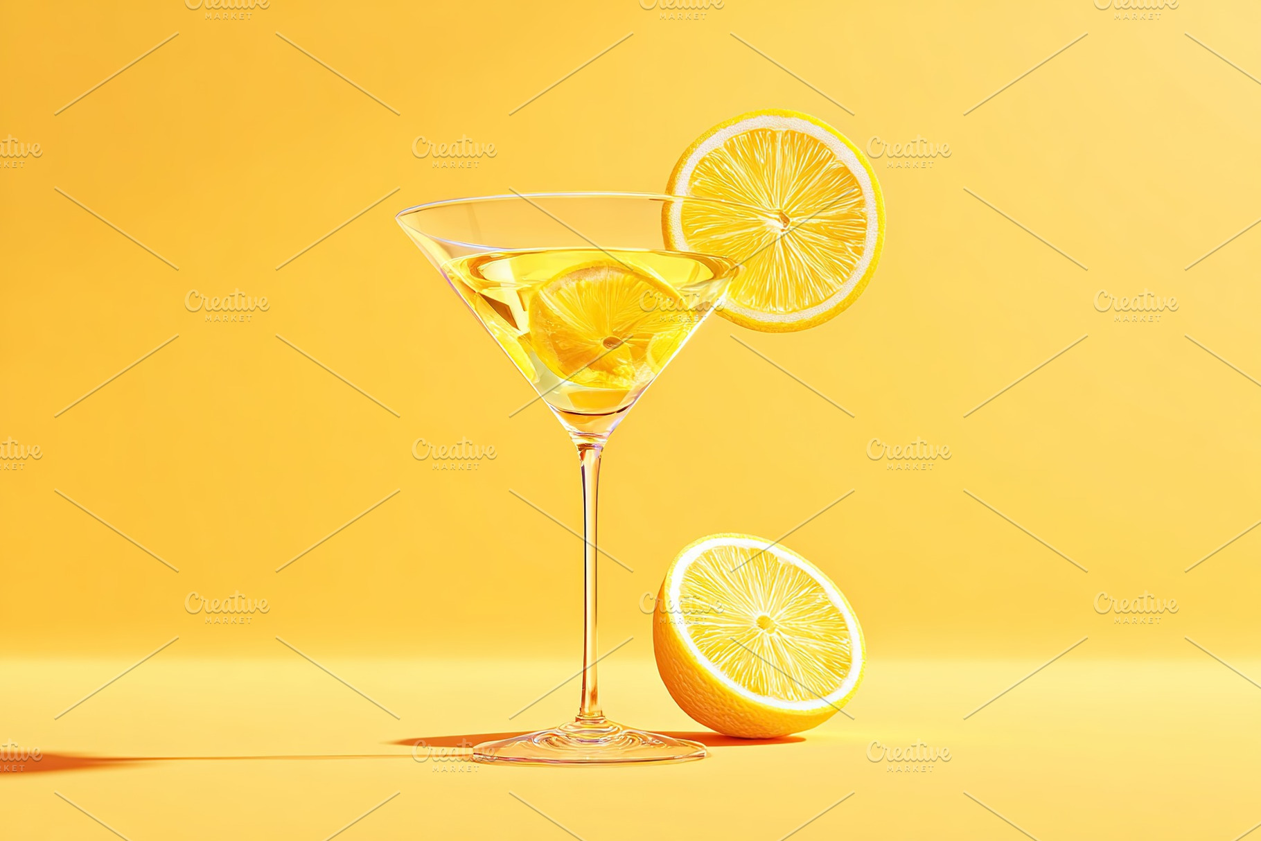 Refreshing lemon cocktail garnished with vibrant slices on a bright yellow back, a Food & Drink Photo by AlyaAnd