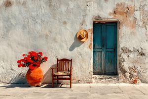 Rustic Mediterranean Doorway with Chair, Straw Hat and Red Flowe, an Abstract Photo by José Manuel Gelpi