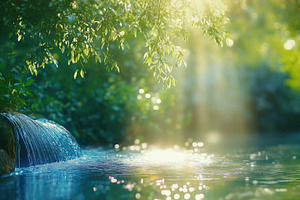A serene natural scene featuring a gentle stream flowing through lush greenery., a Photo by Textures & Backgrounds
