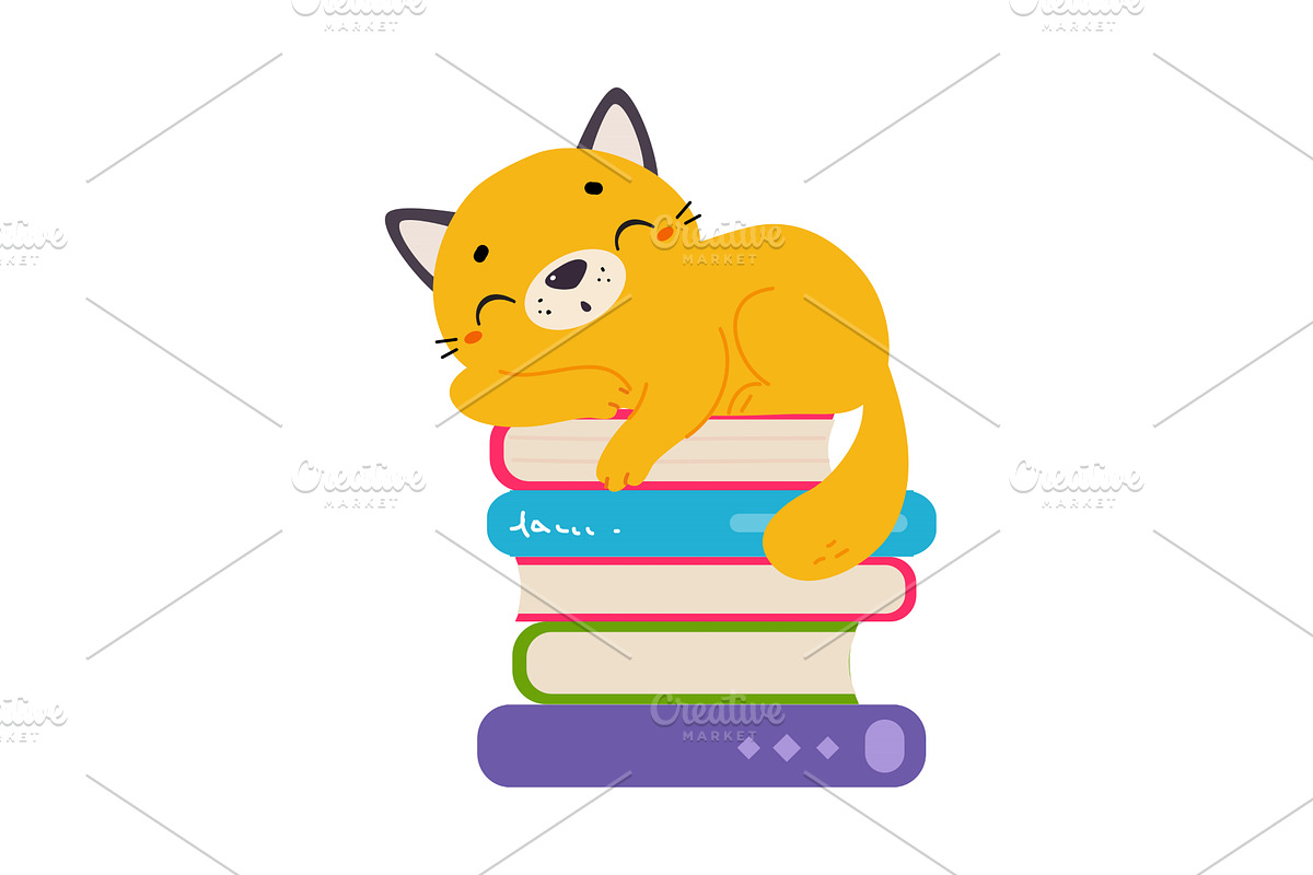 Cute red kitten sleeping on pile of, an Animal Illustration by TopVectors