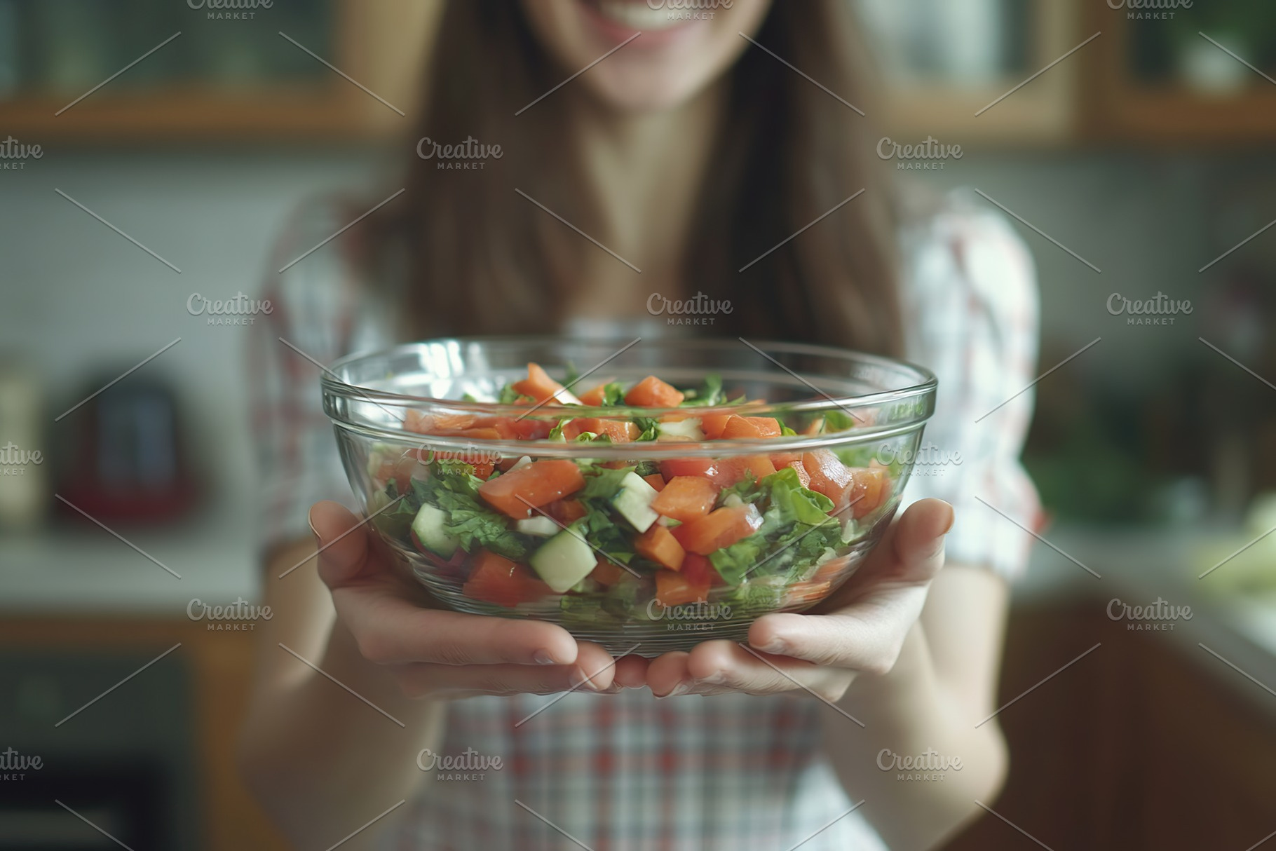 Female hands holding bowl with fresh vegetables salad, organic healthy food, a Photo by AlyaAnd