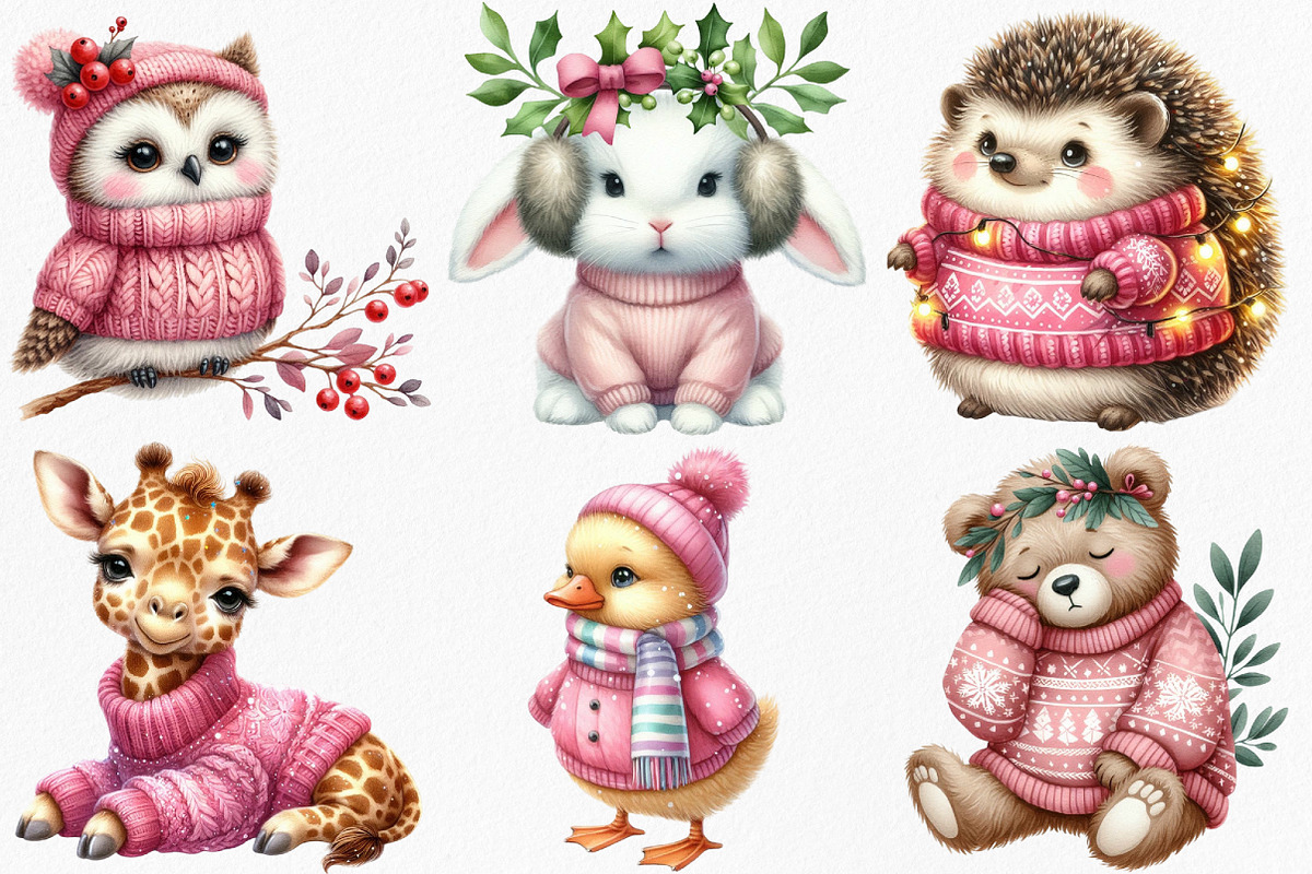 Pink Jumper Animals Christmas, an Illustration by Canvas Craft (Photo 3 of 8)