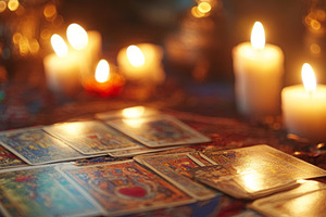 Tarot Cards and Candles on Mystic Table, an Abstract Photo by Natalia Klenova's Shop